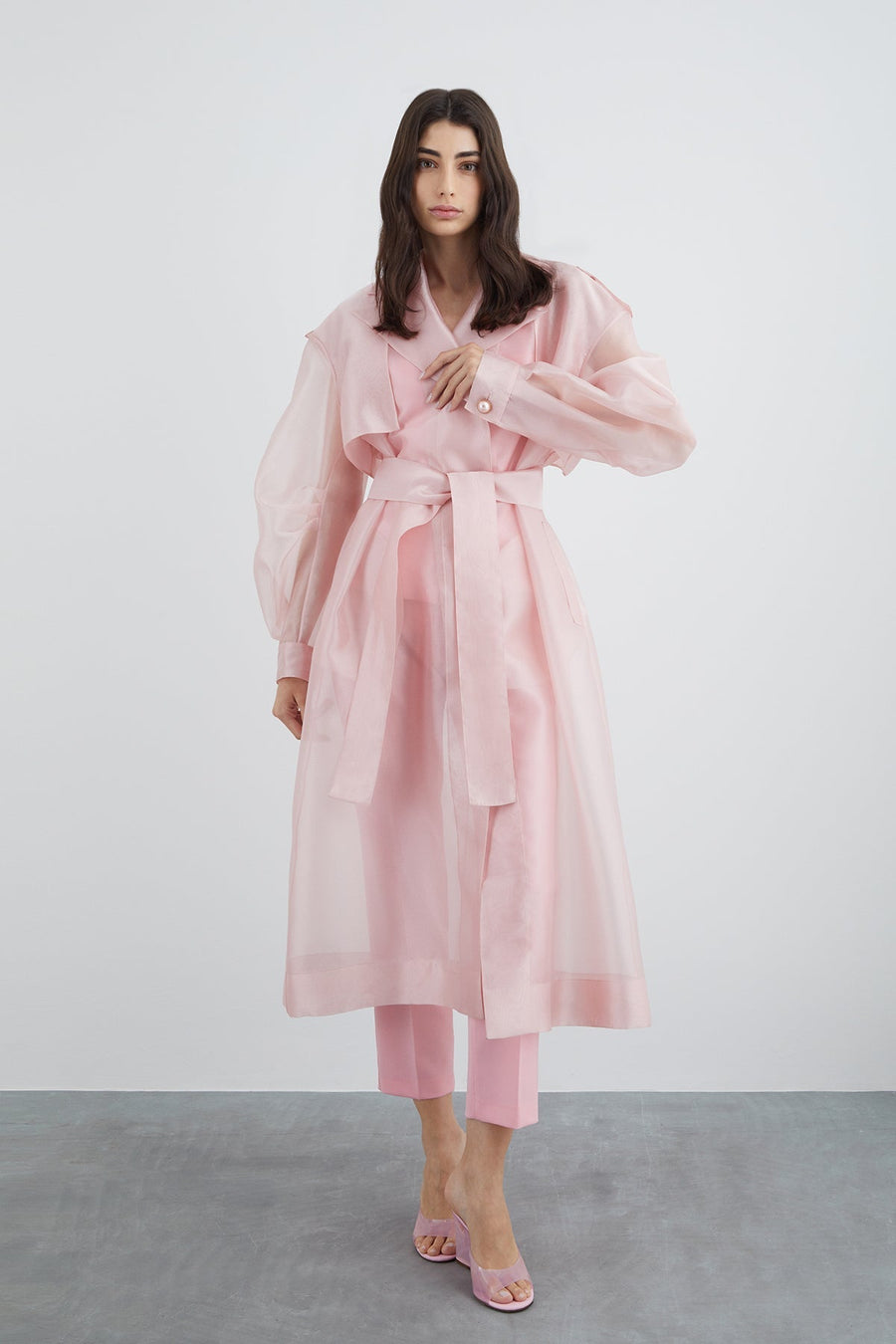 Pink Pearl Button Detailed Long Organza Jacket | Porterist