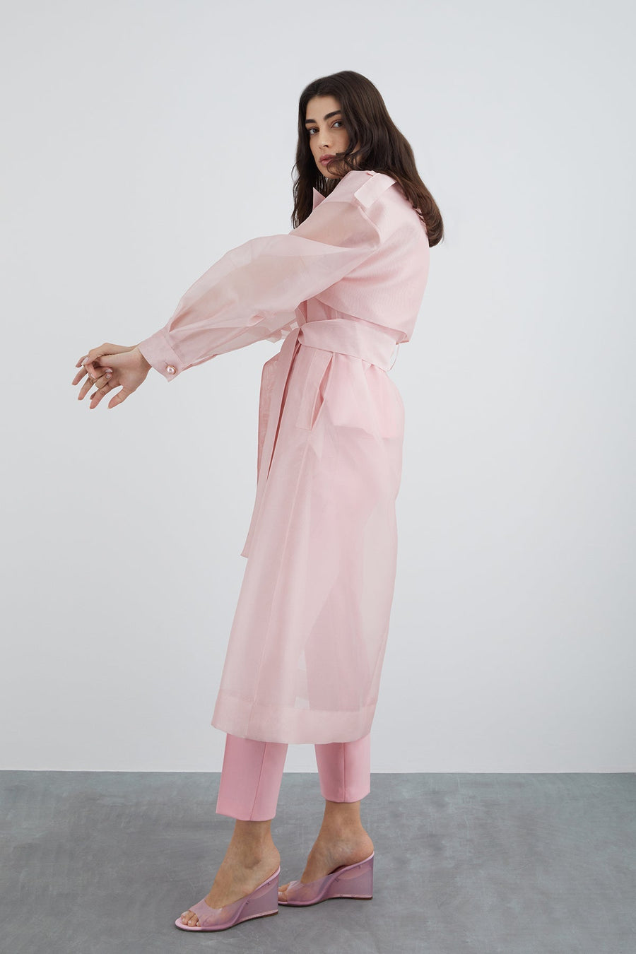 Pink Pearl Button Detailed Long Organza Jacket | Porterist