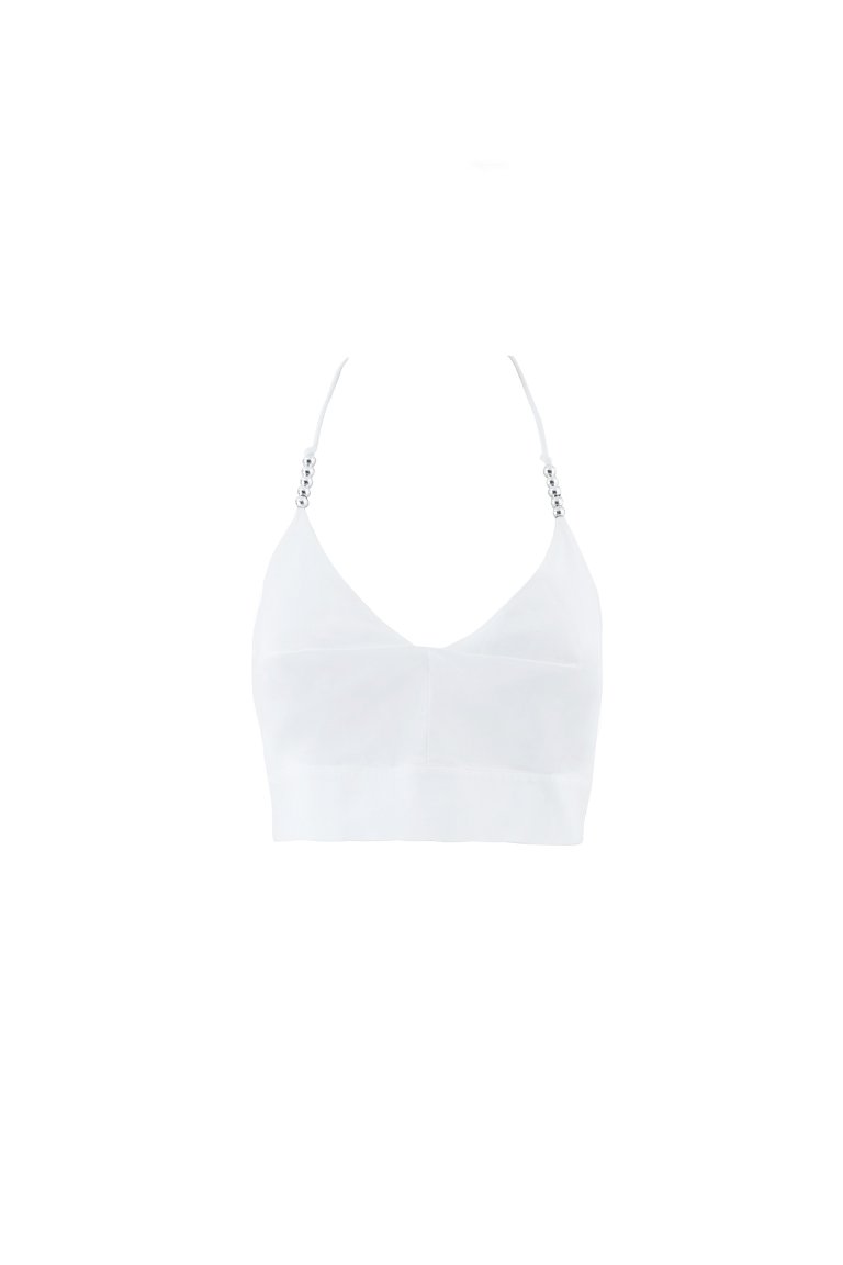 White Crop Blouse With Neck Tie Bead Detail And Back Zipper