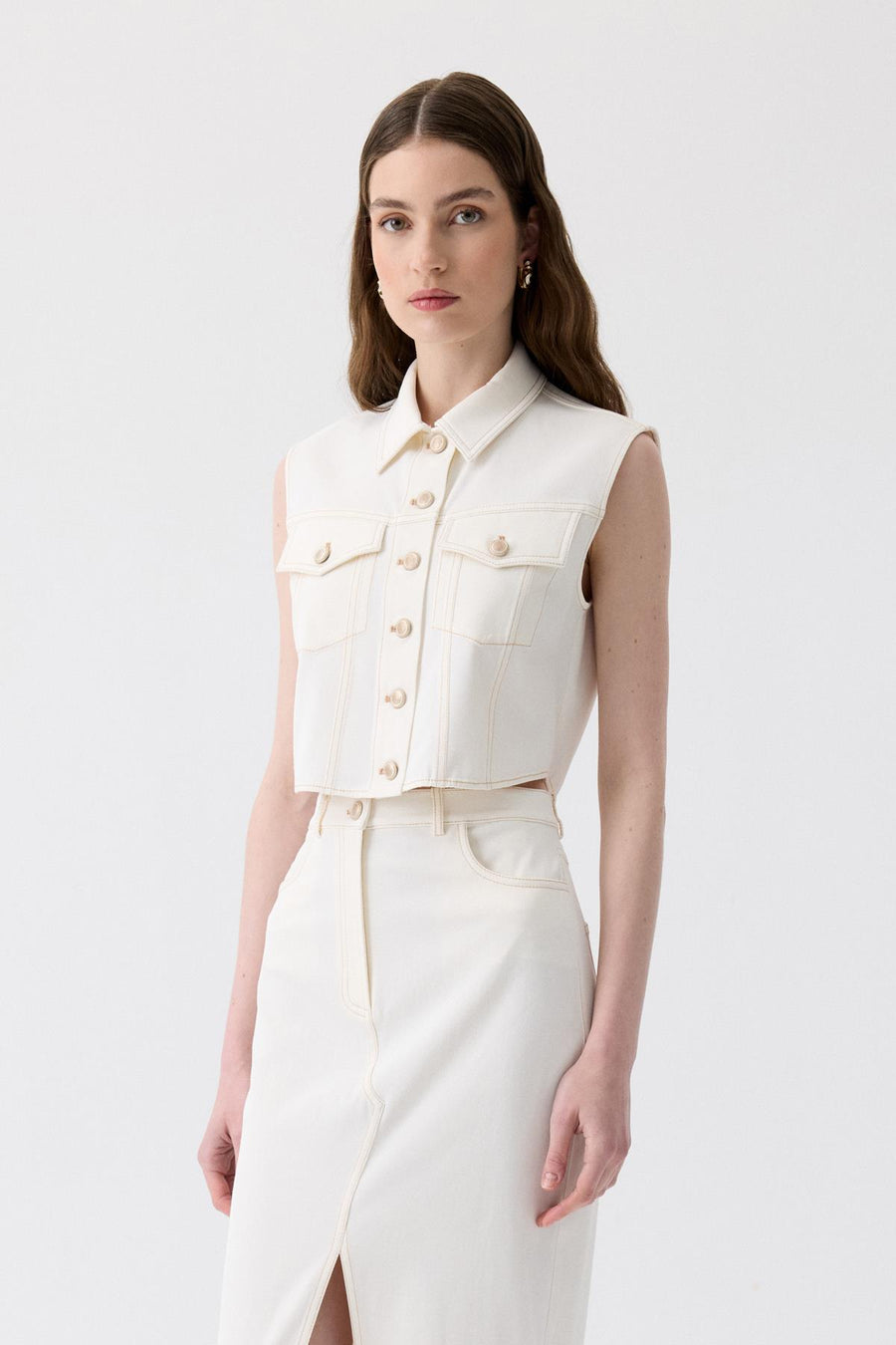 Stretch Ecru Vest with Gold Button Detail