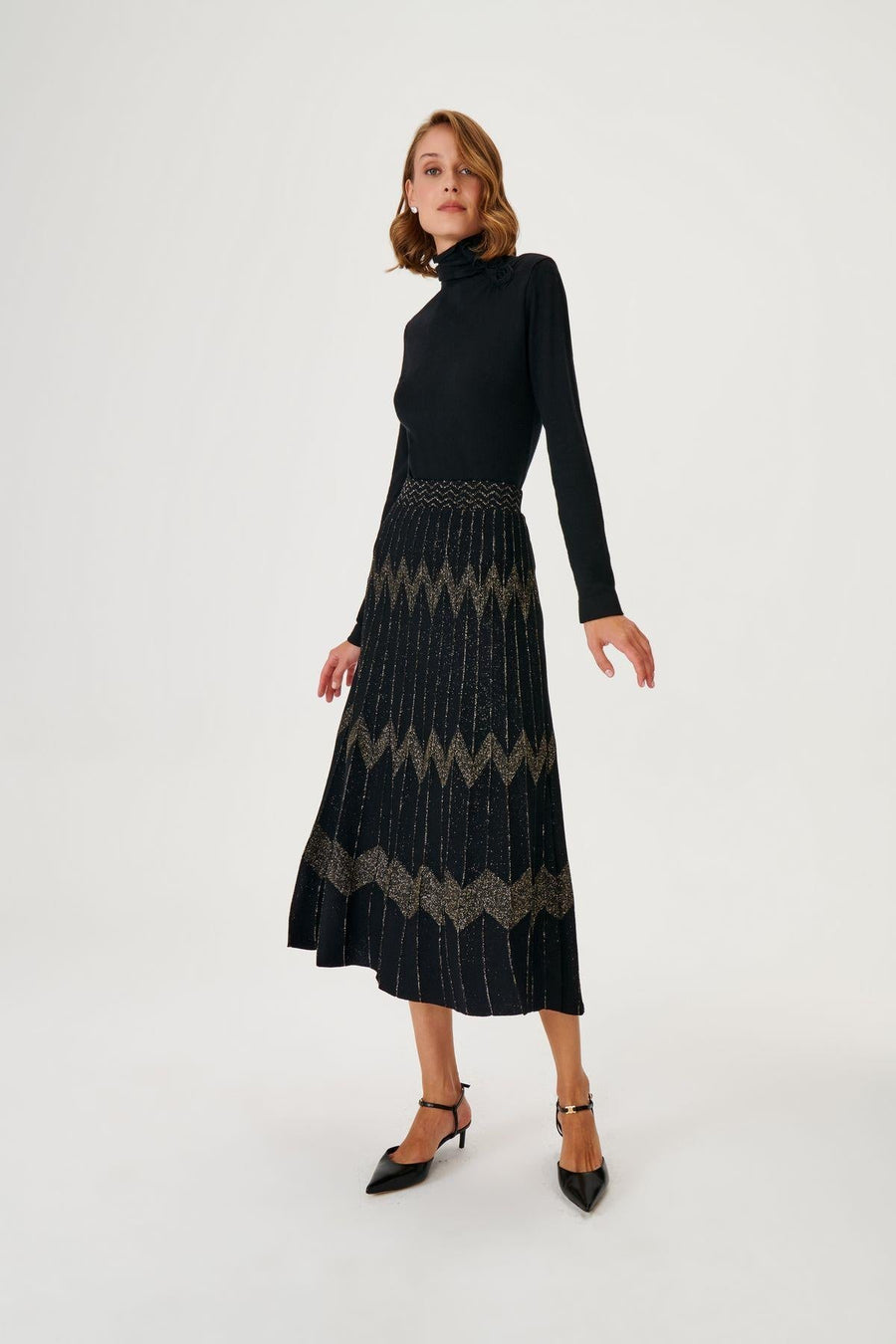 Gold Lurex Detailed Midi Knitwear Skirt Fınal Item - Porterist 1