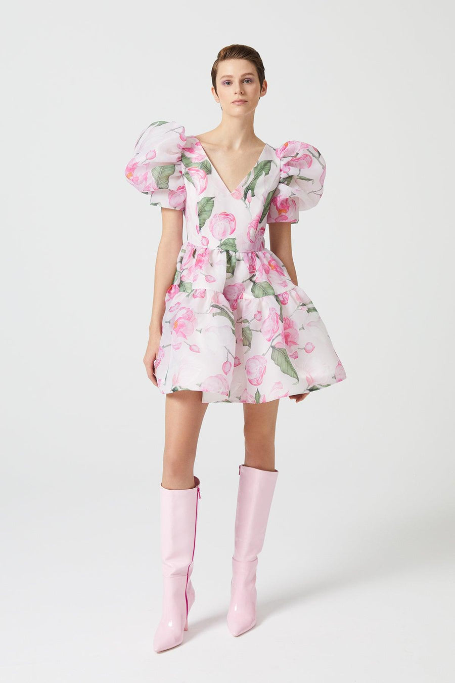 Rose Patterned V Neck Organza Watermelon Sleeve Mini Dress Fınal Item - Porterist 1