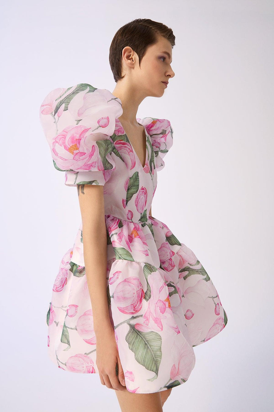 Rose Patterned V Neck Organza Watermelon Sleeve Mini Dress Fınal Item - Porterist 2