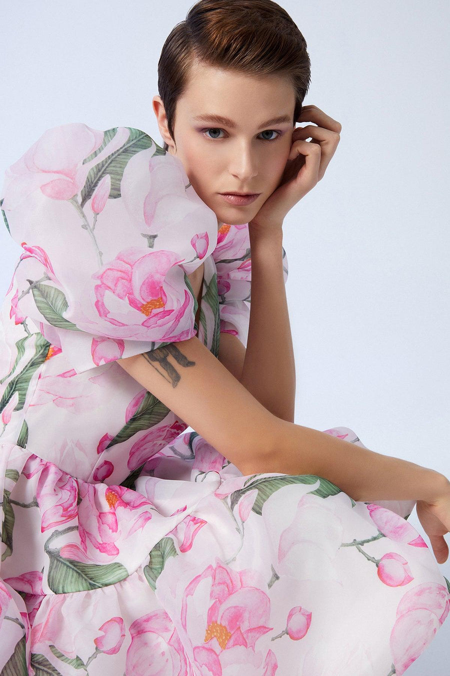 Rose Patterned V Neck Organza Watermelon Sleeve Mini Dress Fınal Item - Porterist 3