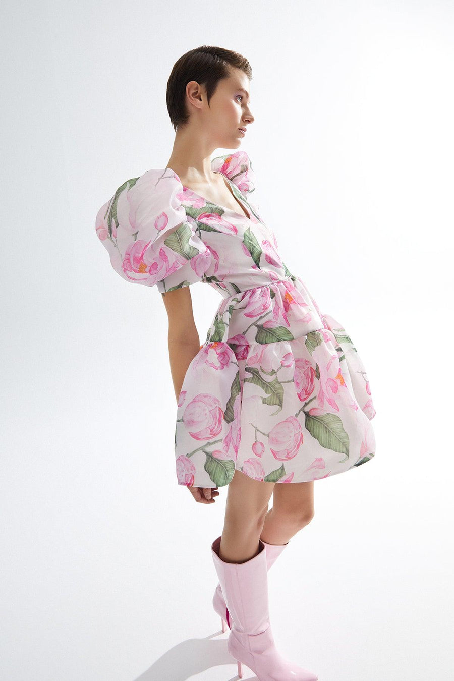 Rose Patterned V Neck Organza Watermelon Sleeve Mini Dress Fınal Item - Porterist 4