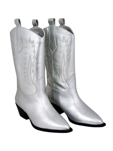 Silver Patterned Leather Boots - Silver