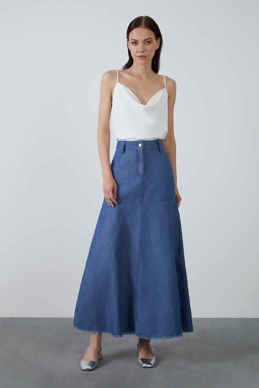 High Waist Flared Long Dark Blue Denim Skirt Fınal Item - Porterist 1