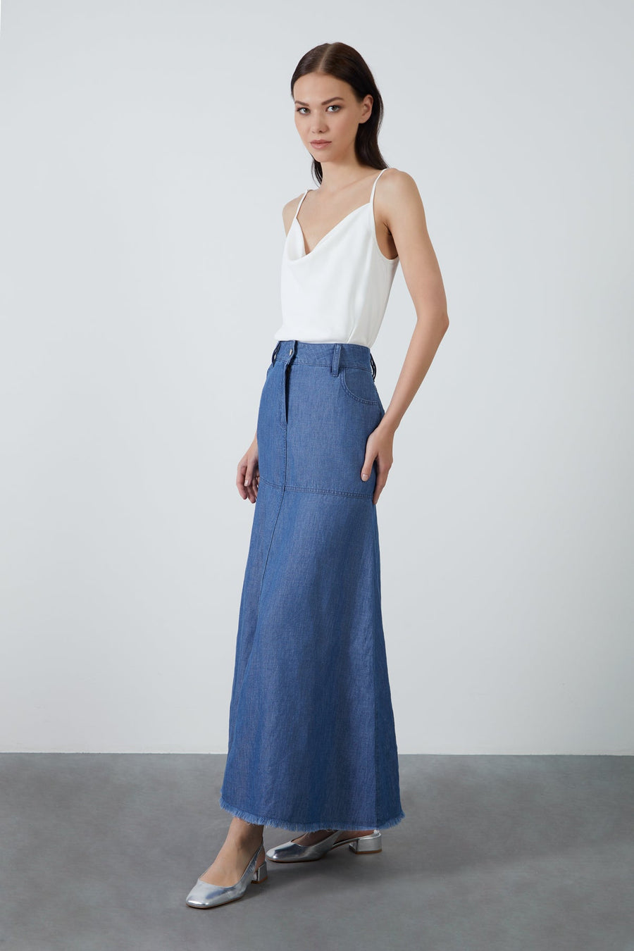 High Waist Flared Long Dark Blue Denim Skirt Fınal Item - Porterist 2