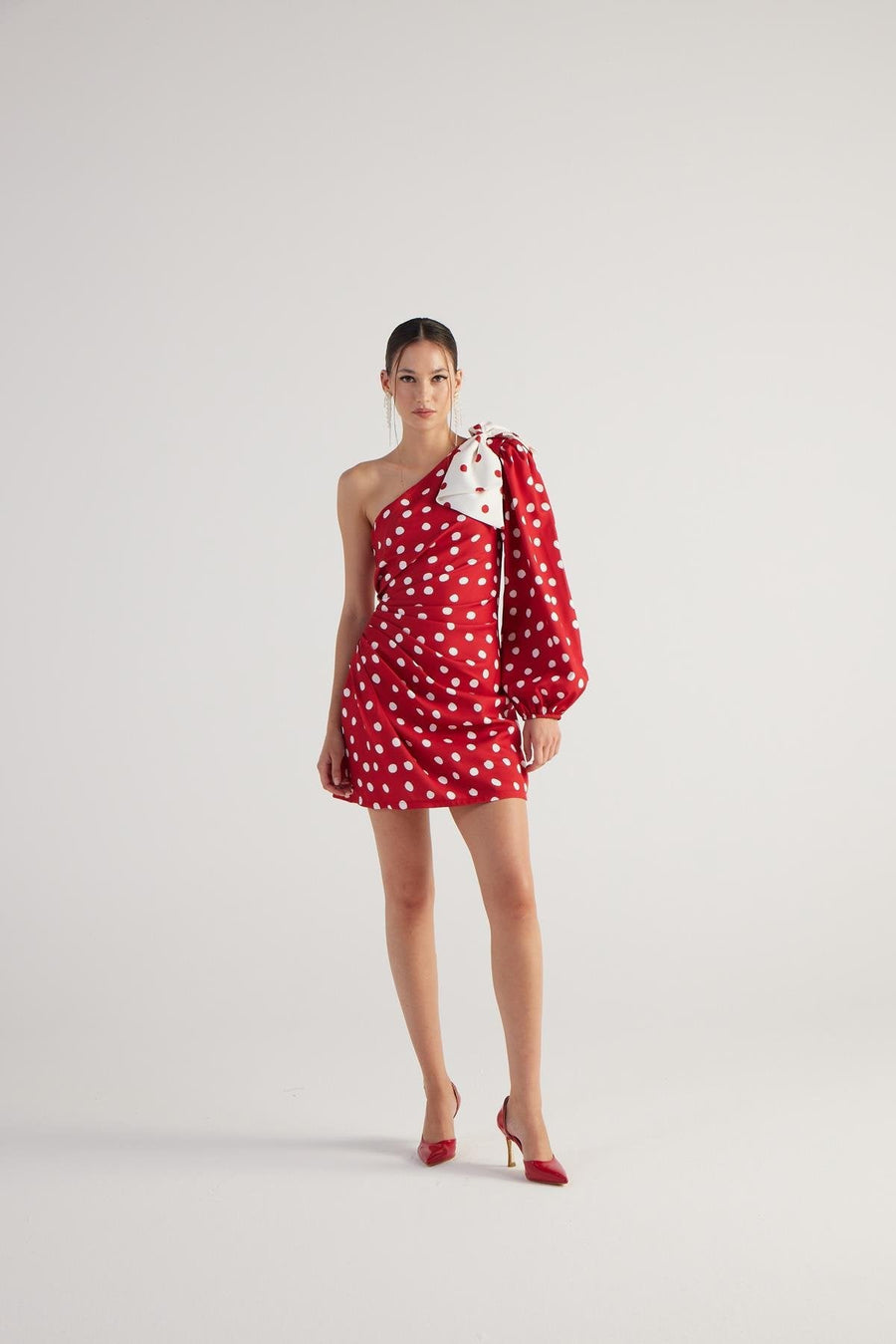 Polka One Shoulder Mini Dress Red
