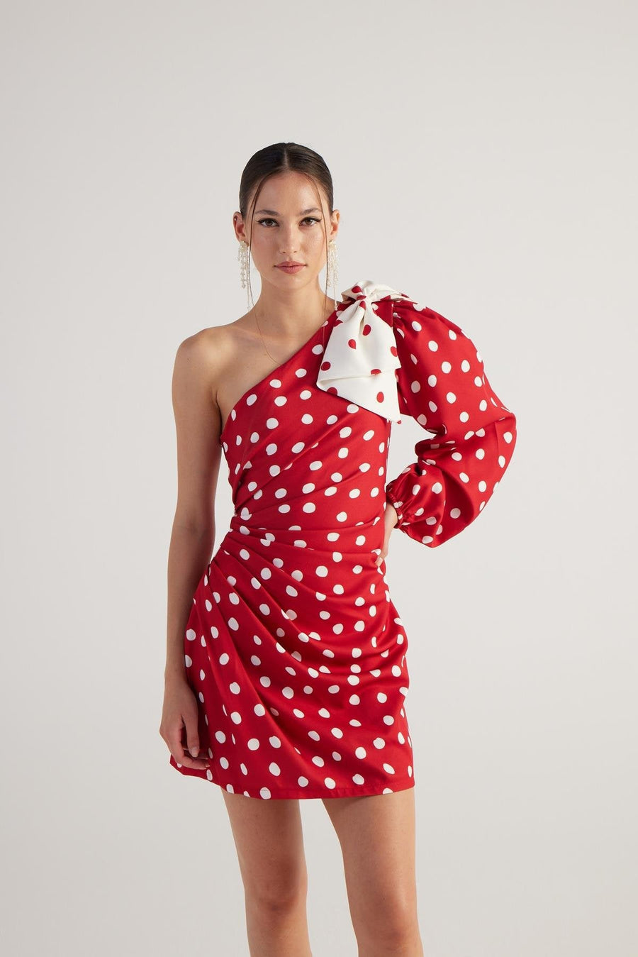 Polka One Shoulder Mini Dress Red