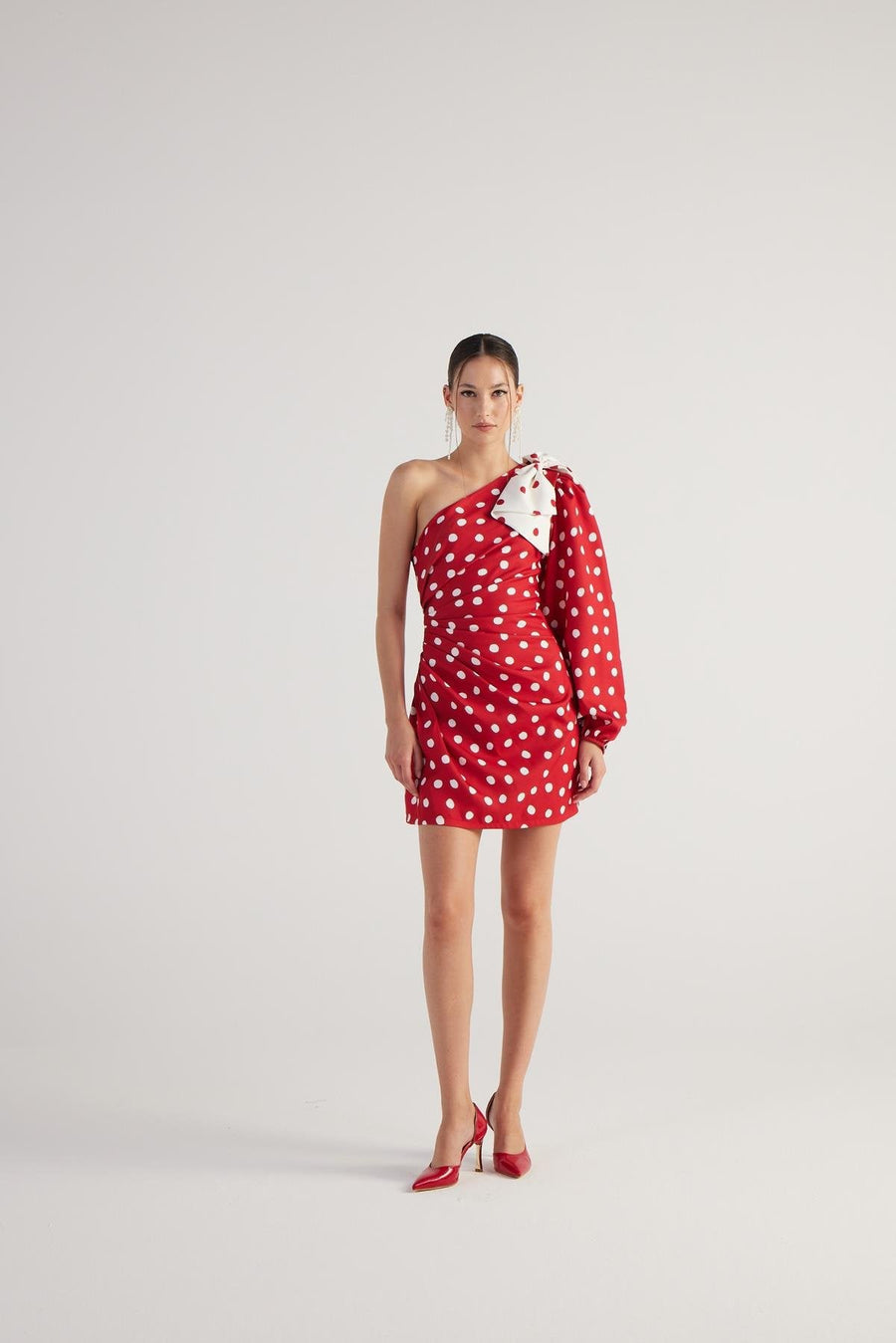 Polka One Shoulder Mini Dress Red