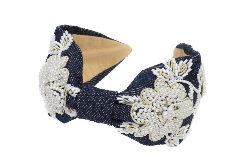 Agata Blue Bead Embroidered Women Headband - Porterist 2