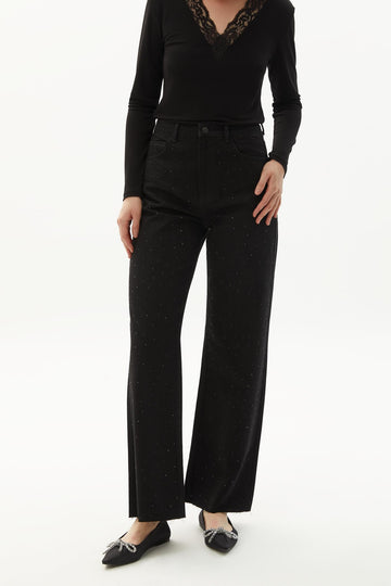 Exquise High Waist Wide Leg Stone Detailed Black Jeans  - Porterist 3