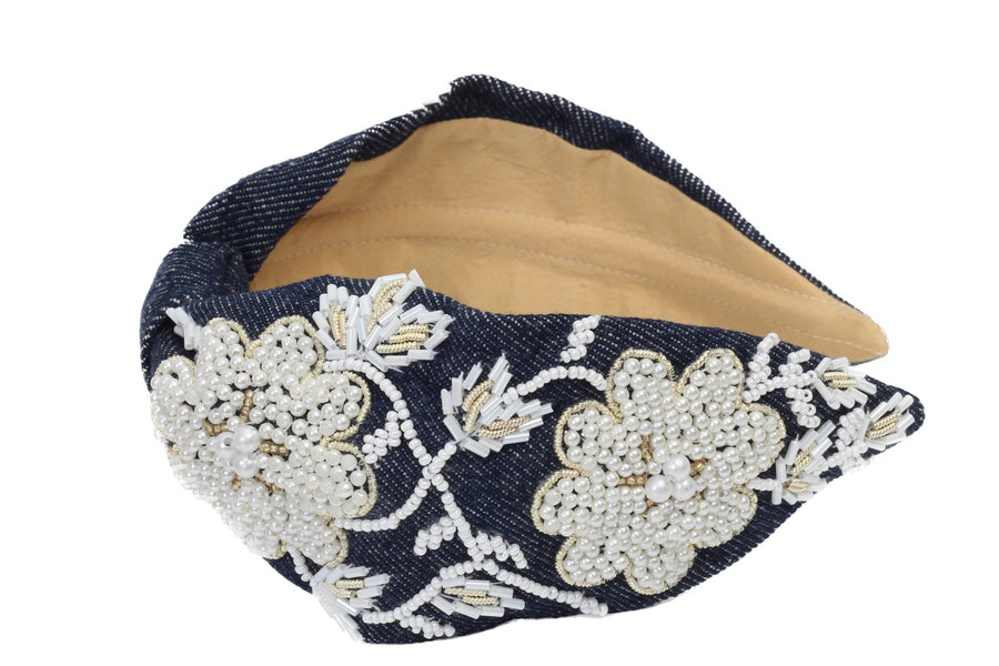 Agata Blue Bead Embroidered Women Headband - Porterist 3