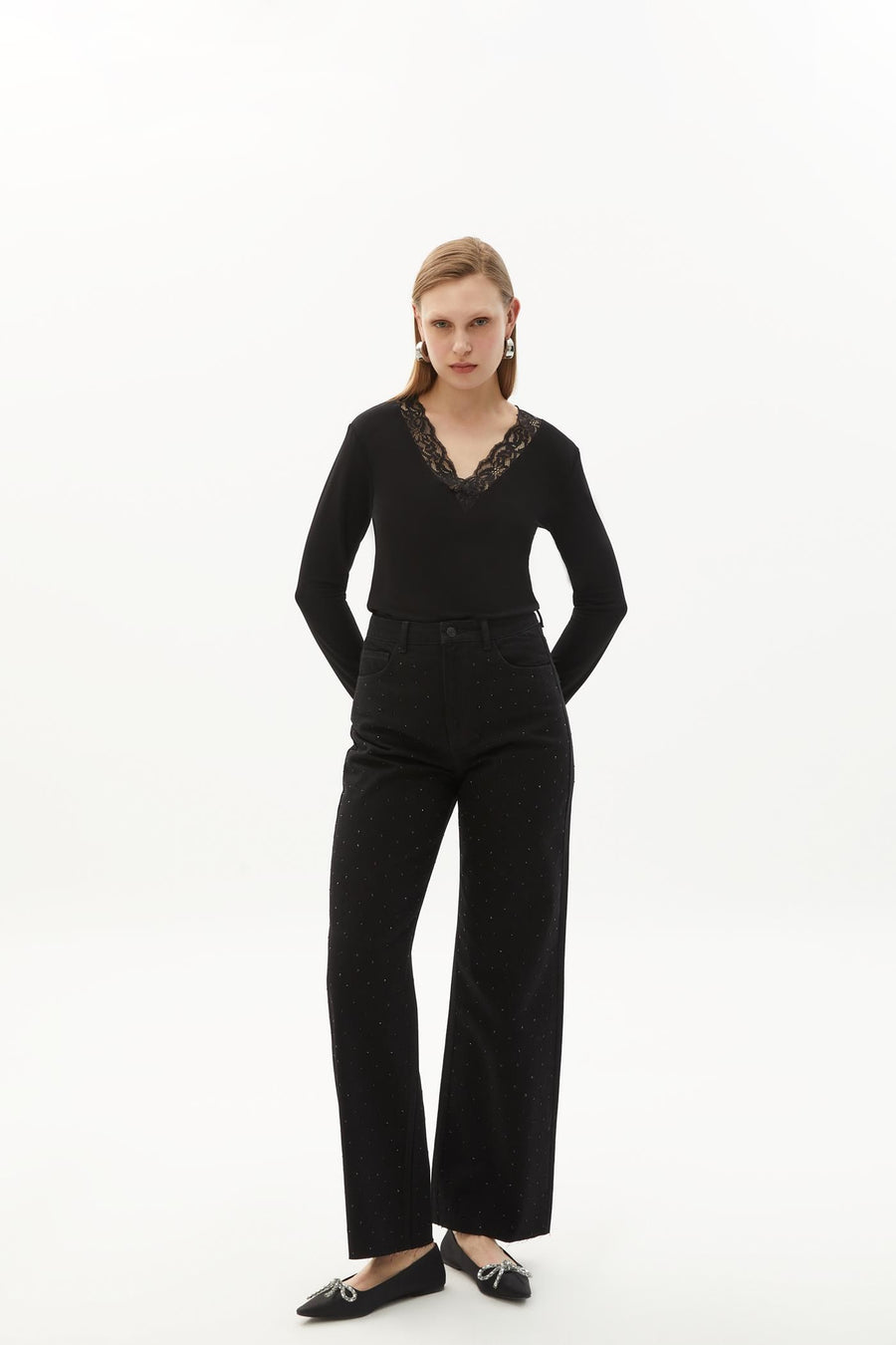 Exquise High Waist Wide Leg Stone Detailed Black Jeans  - Porterist 1