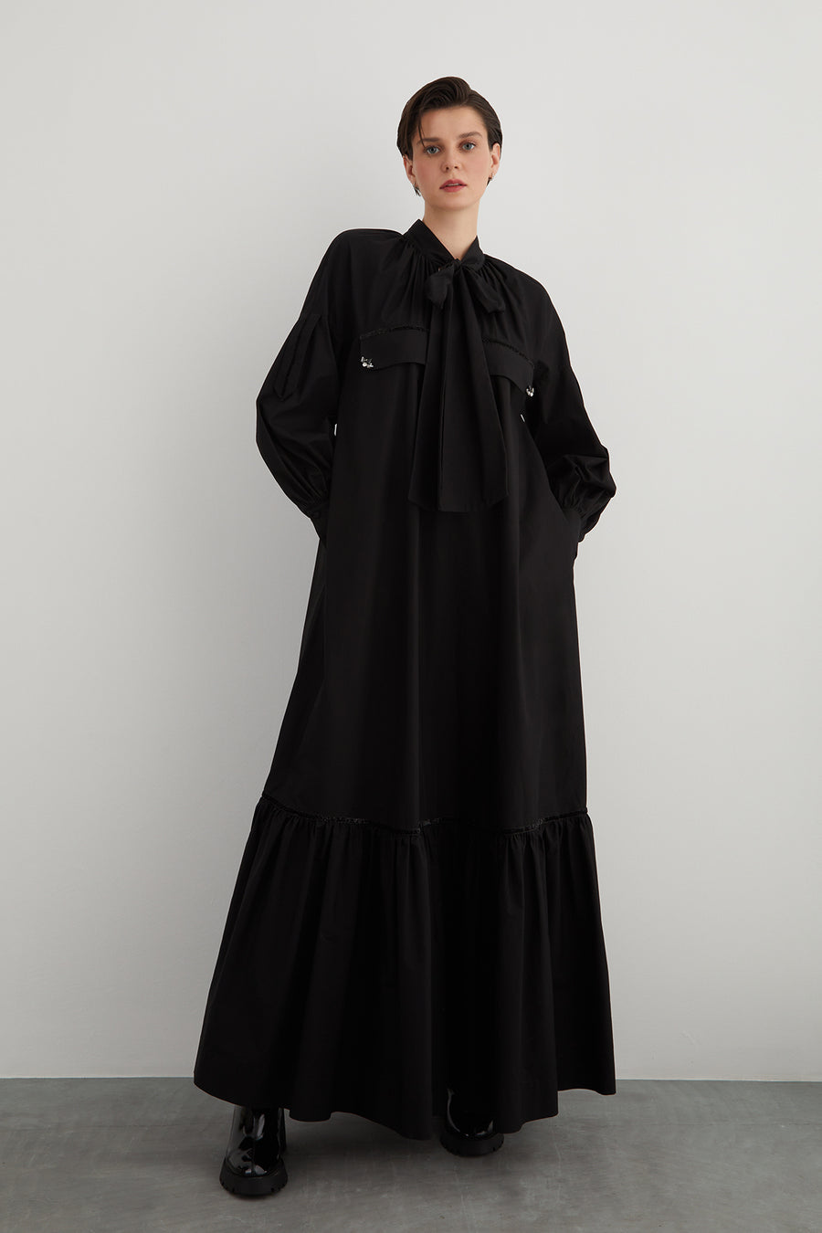 Embroidery Detailed Lace Up A Form Black Poplin Dress Fınal Item - Porterist 1