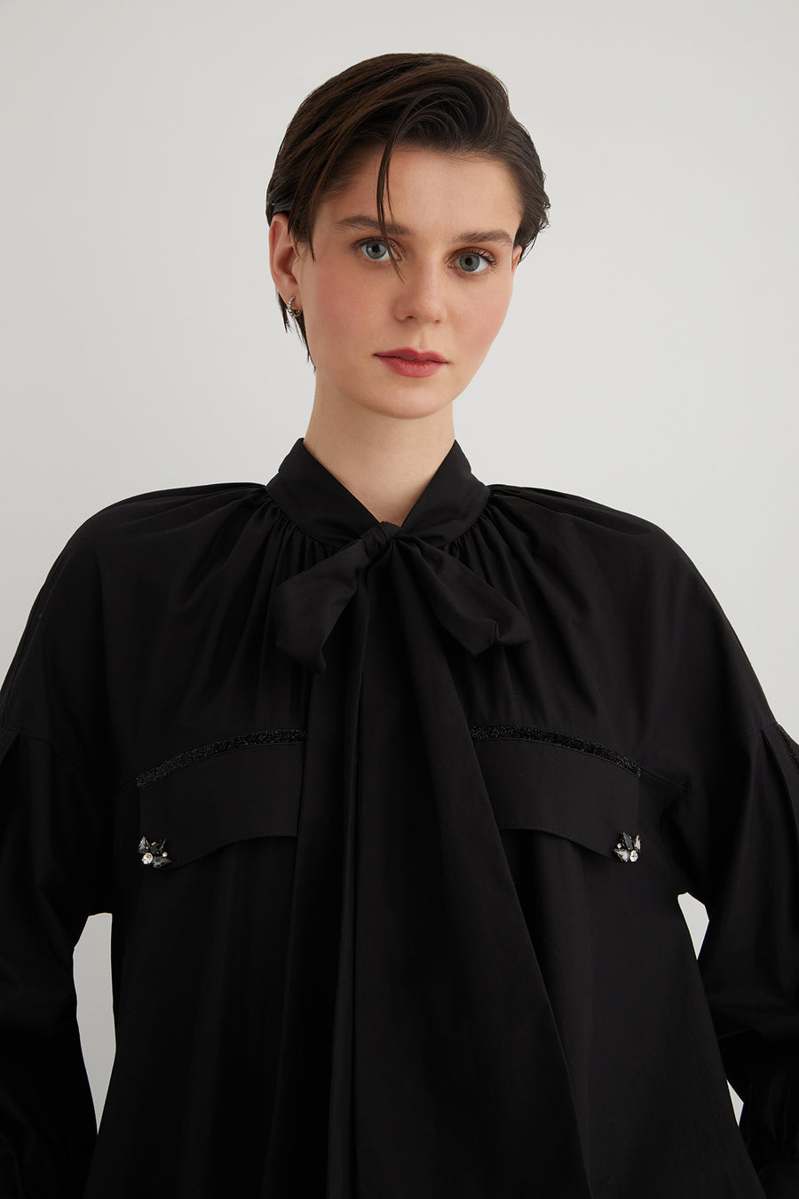 Embroidery Detailed Lace Up A Form Black Poplin Dress Fınal Item - Porterist 2