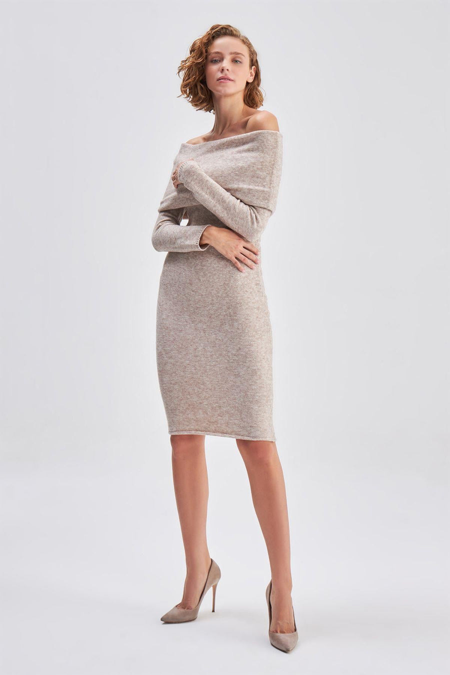 Bardot Collar Beige Midi Knit Dress | Porterist