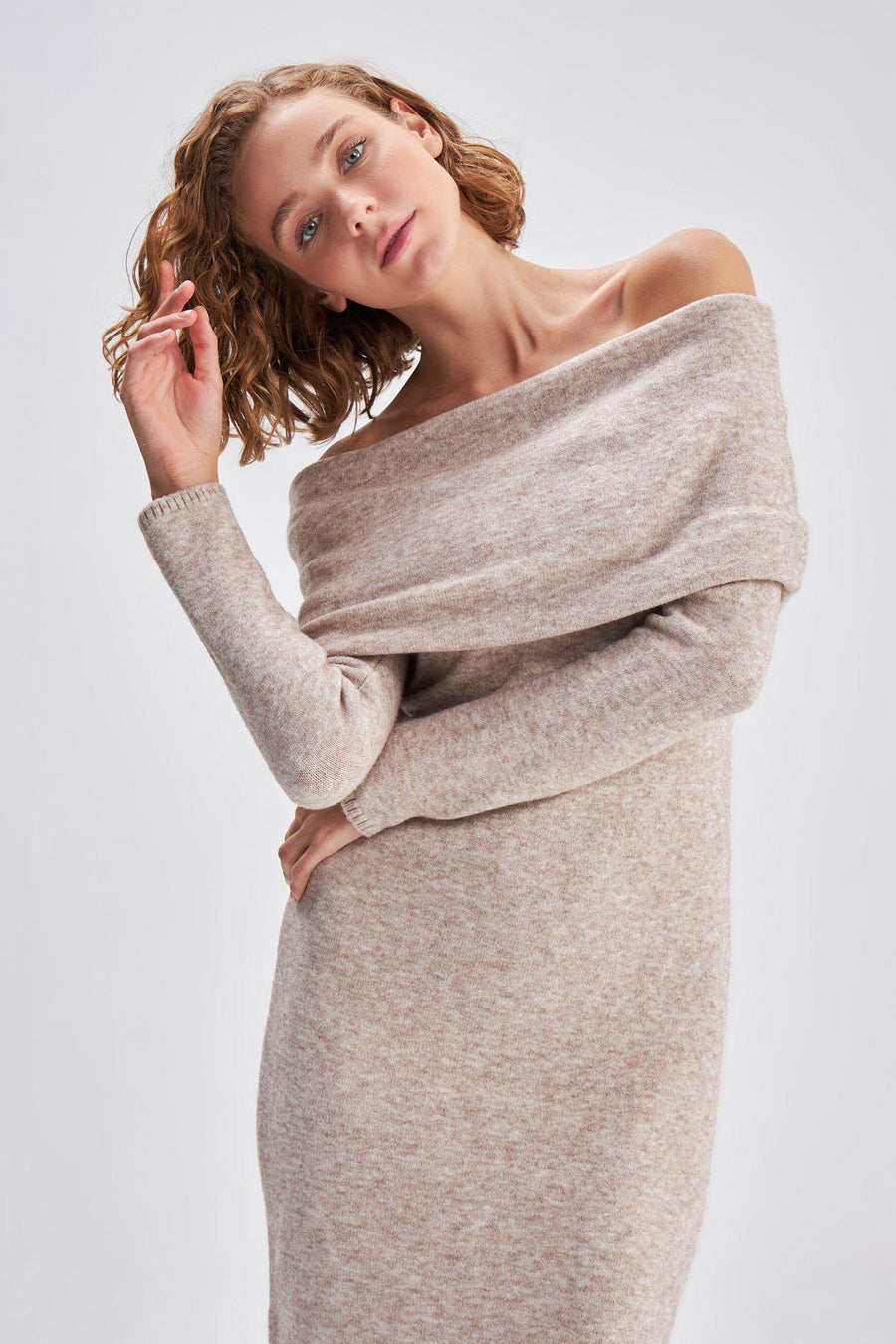 Bardot Collar Beige Midi Knit Dress | Porterist