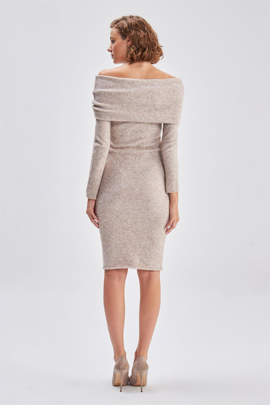 Bardot Collar Beige Midi Knit Dress | Porterist