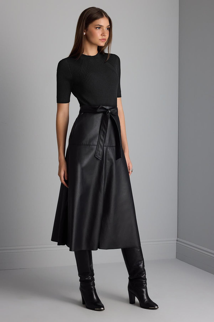 Black Knitwear Dress with Faux Leather Skirt