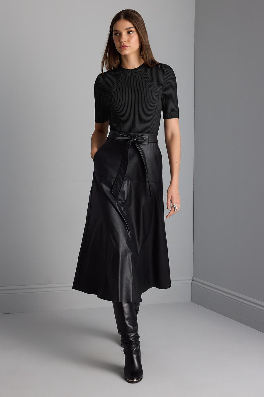 Black Knitwear Dress with Faux Leather Skirt
