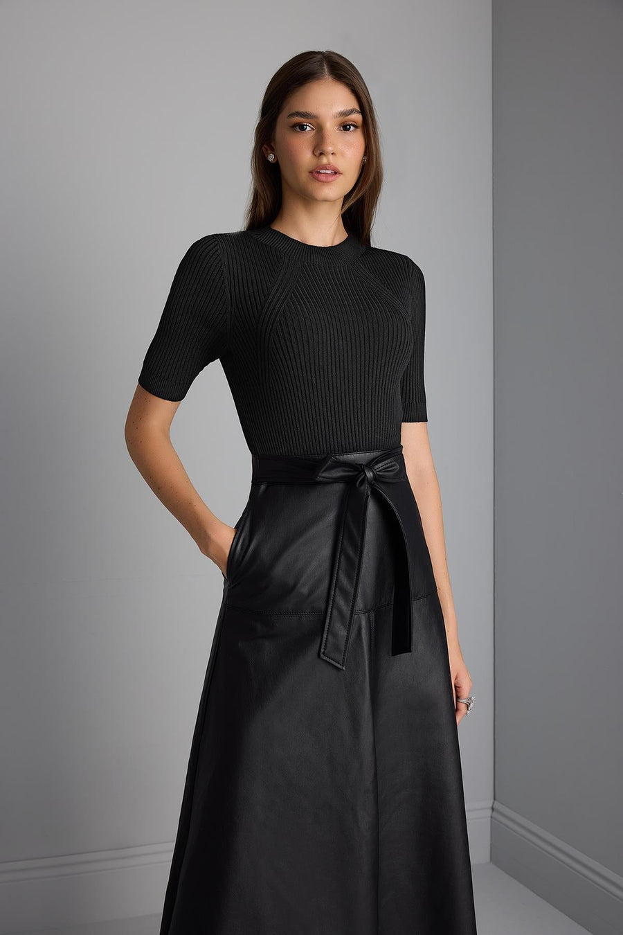 Black Knitwear Dress with Faux Leather Skirt