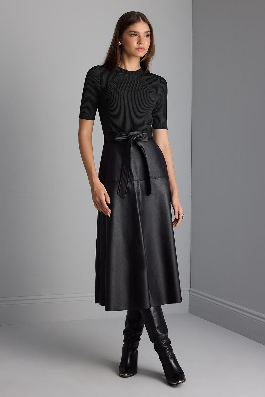 Black Knitwear Dress with Faux Leather Skirt