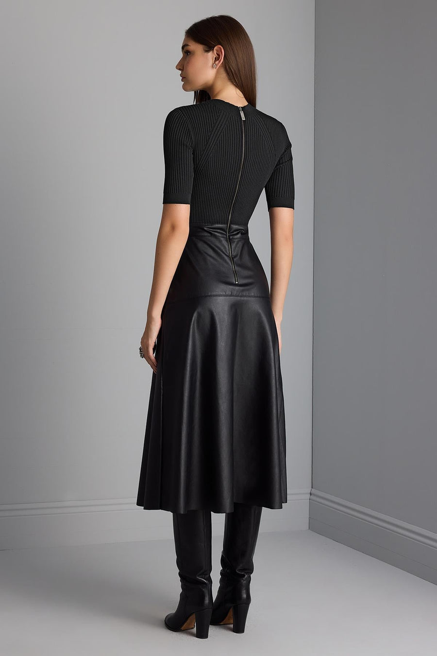 Black Knitwear Dress with Faux Leather Skirt