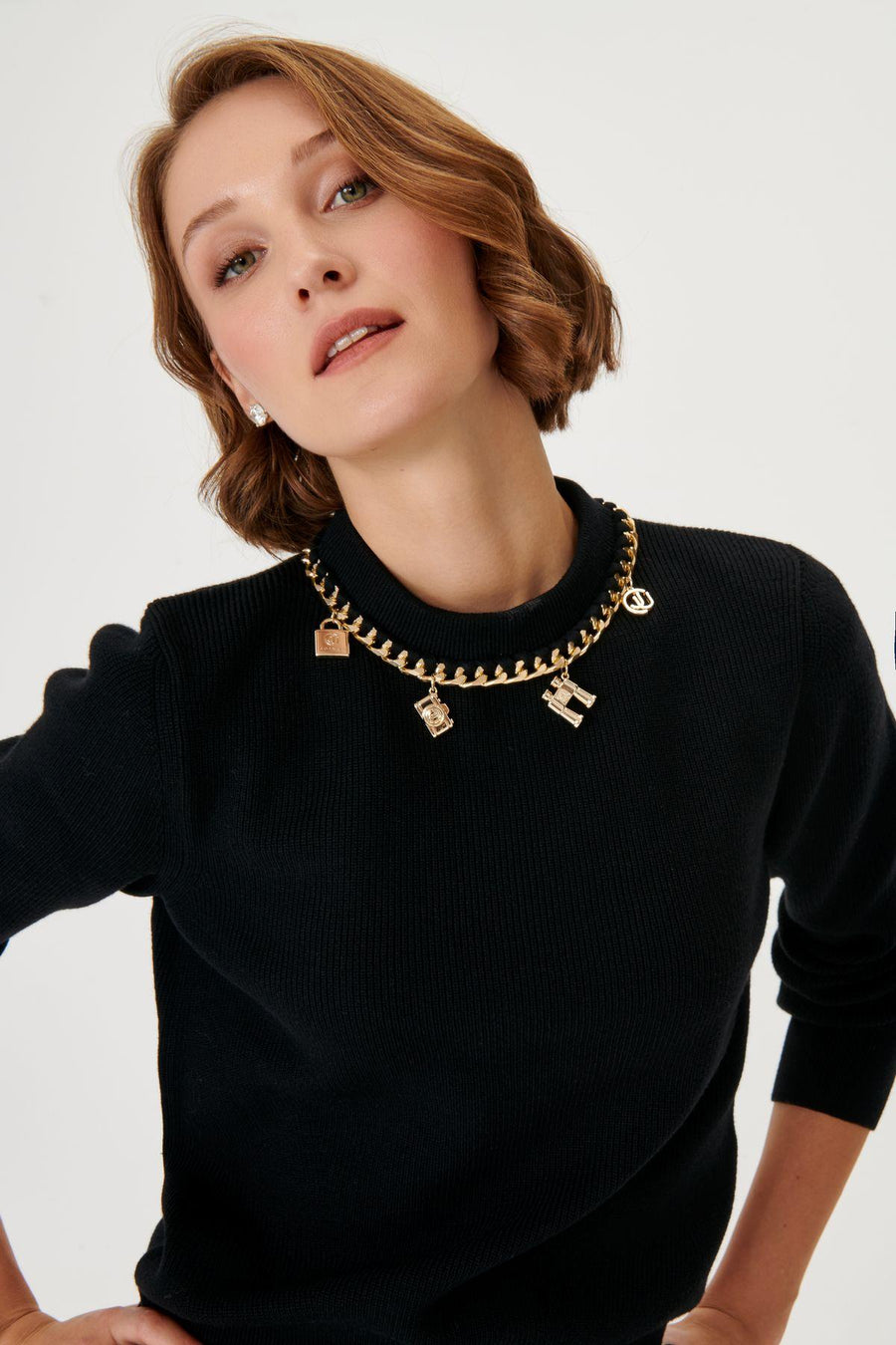 Black Knitwear Sweater With Handcrafted Accessory Details