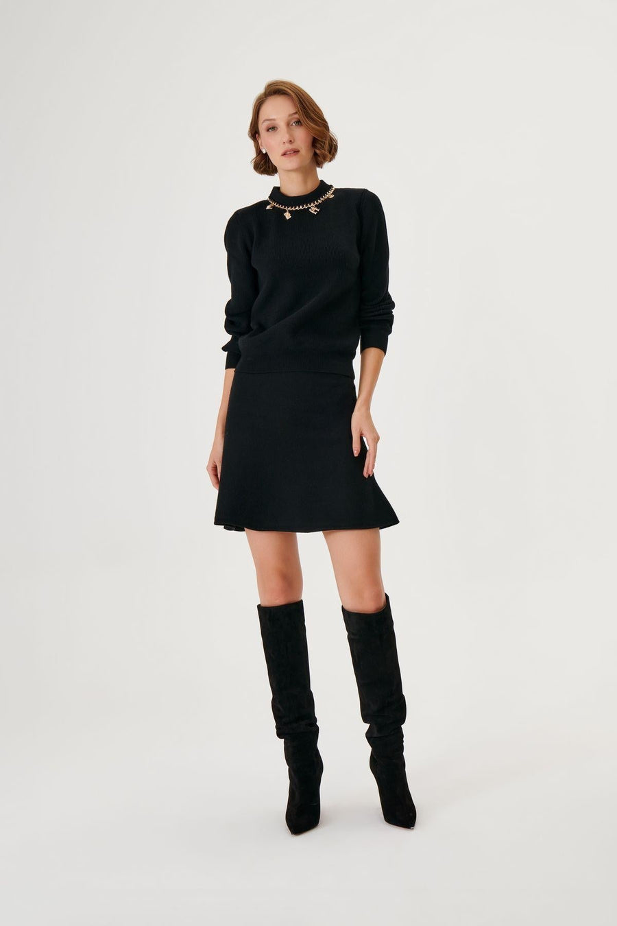 Black Knitwear Sweater With Handcrafted Accessory Details