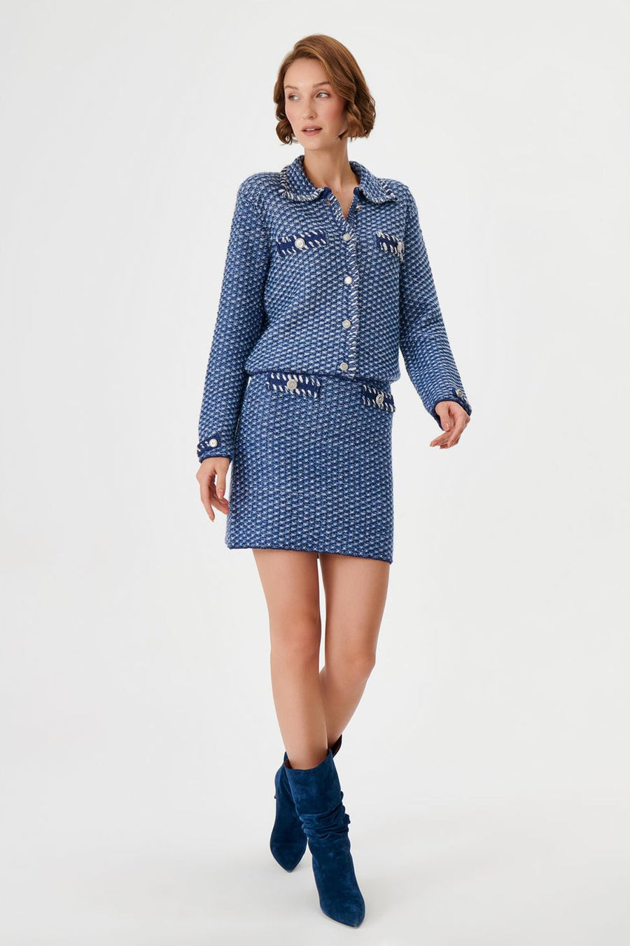 Blue Knitwear Skirt With Handmade Embroidery And Button
