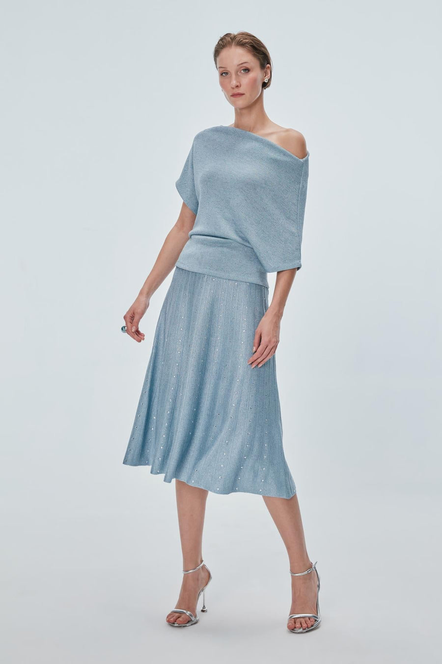 Boat Neck Silvery Blue Blouse Porterist - 2