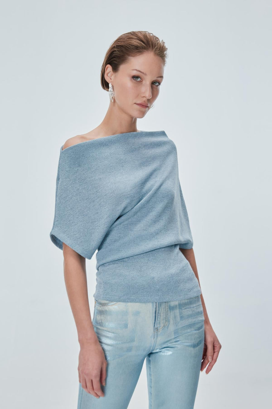 Boat Neck Silvery Blue Blouse Porterist - 3