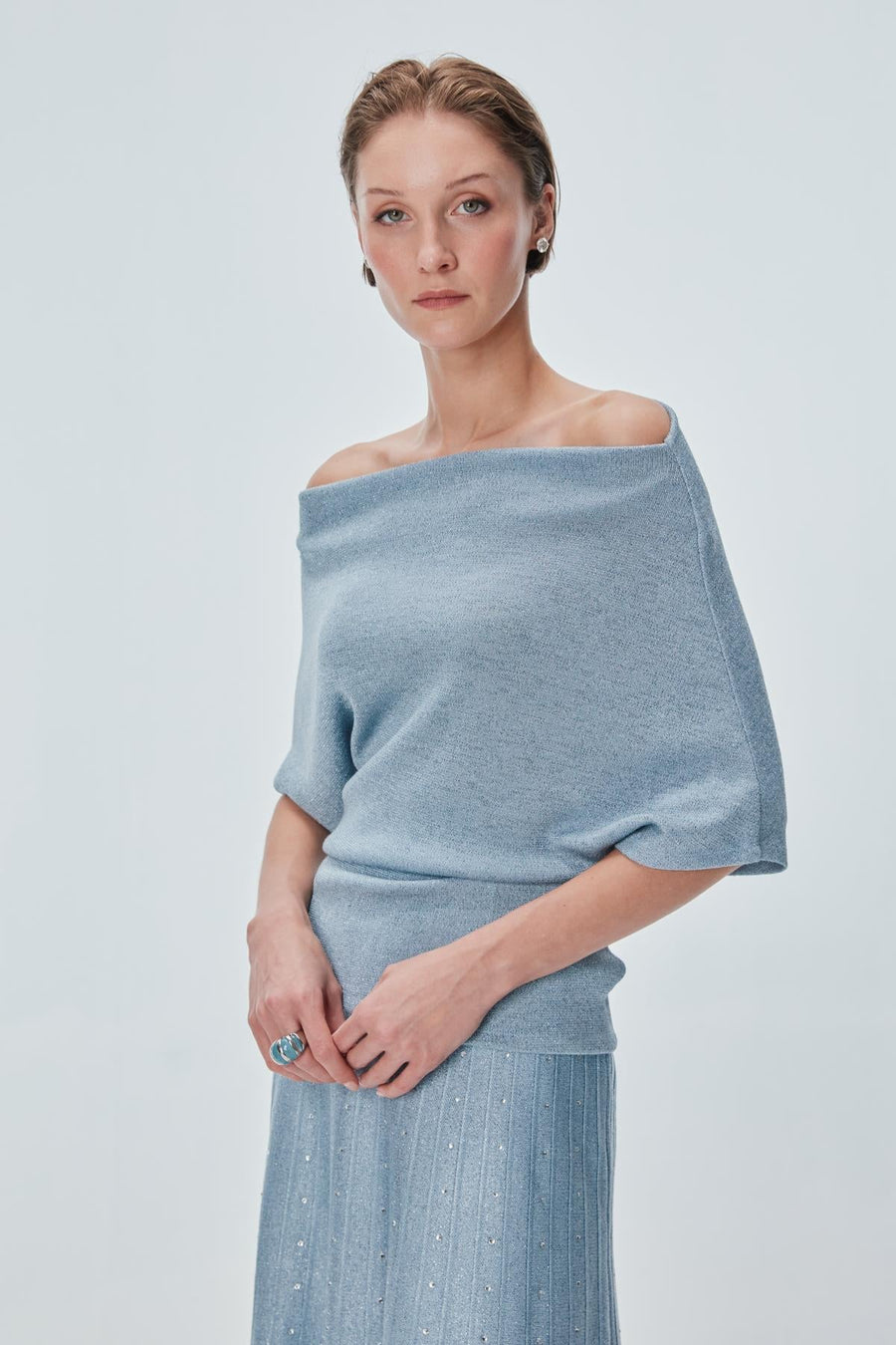 Boat Neck Silvery Blue Blouse Porterist - 4
