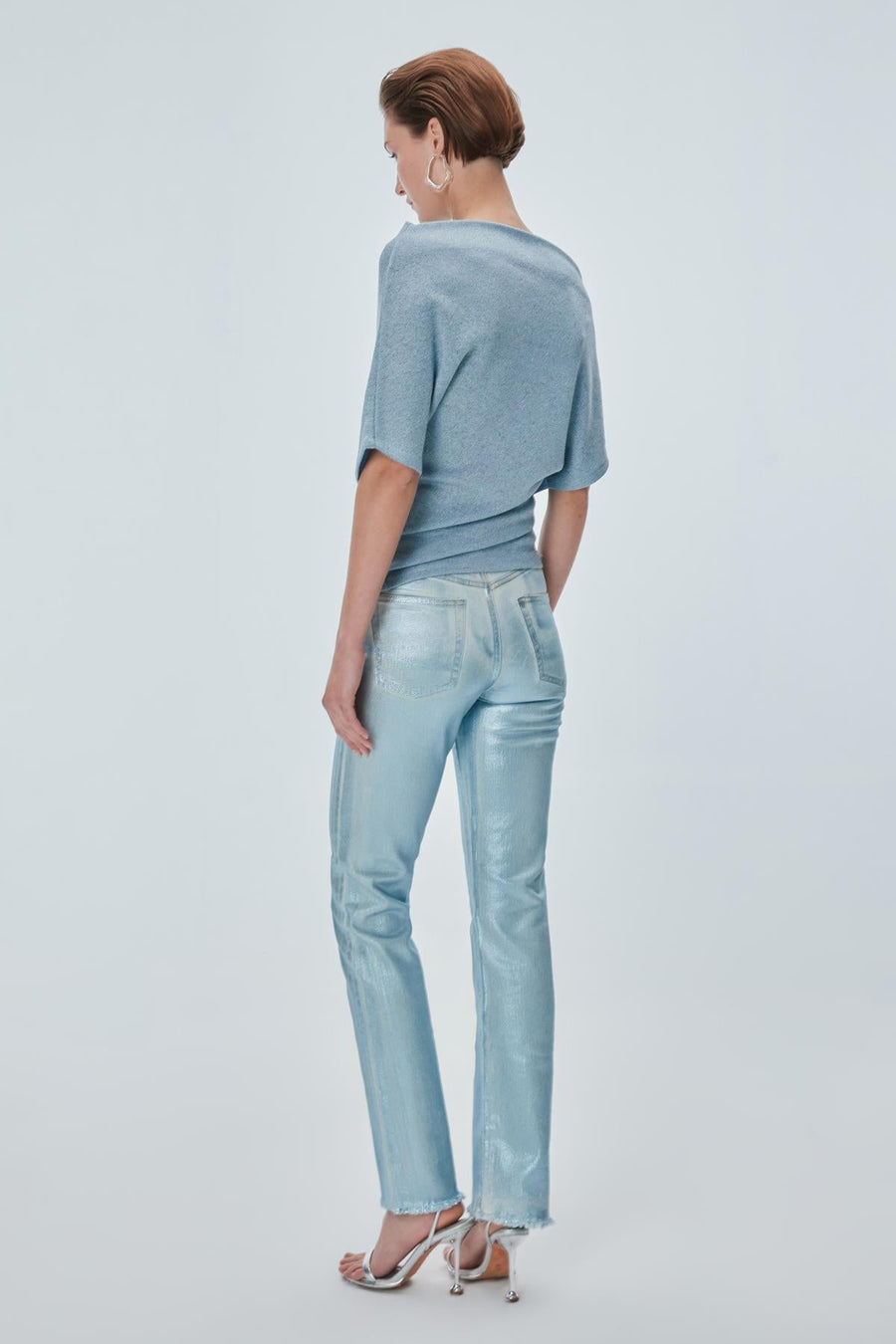 Boat Neck Silvery Blue Blouse Porterist - 5