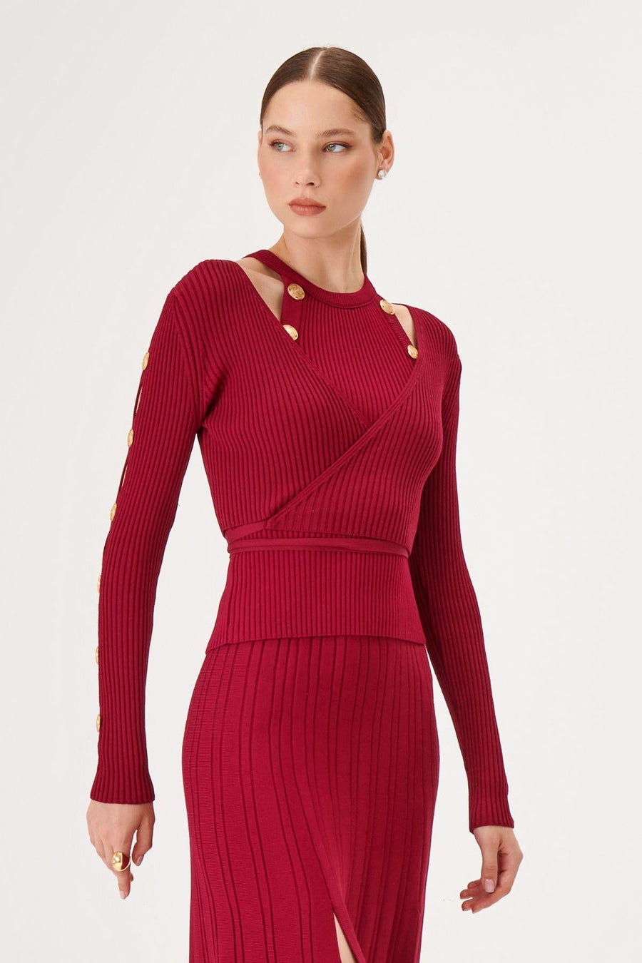 Burgundy Double - breasted Knitwear Cardigan With Button
