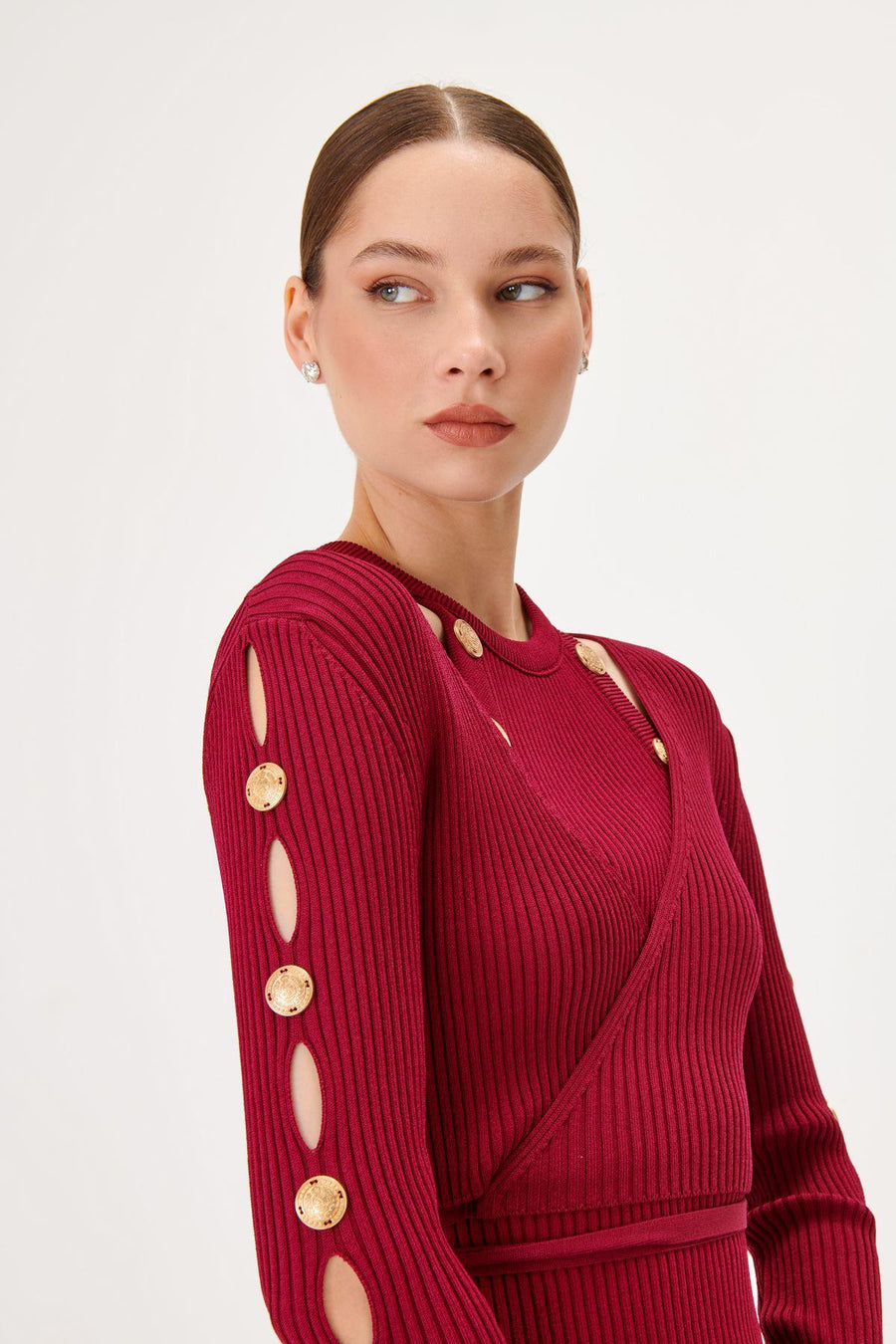 Burgundy Double - breasted Knitwear Cardigan With Button