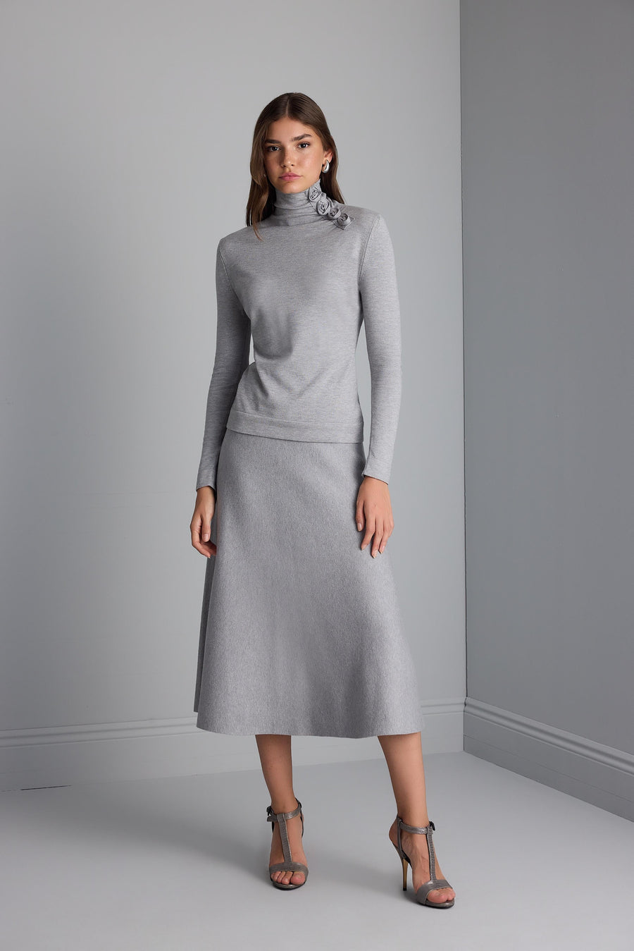 Flared Midi Knitwear Gray Skirt