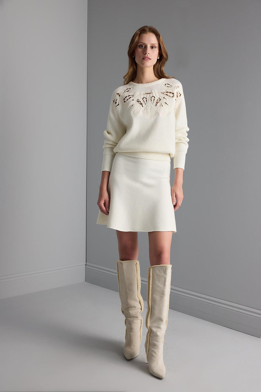 Flared Mini Knitwear Ivory Skirt