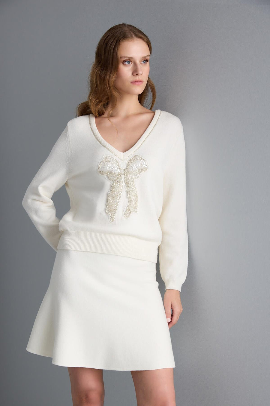 Flared Mini Knitwear Ivory Skirt