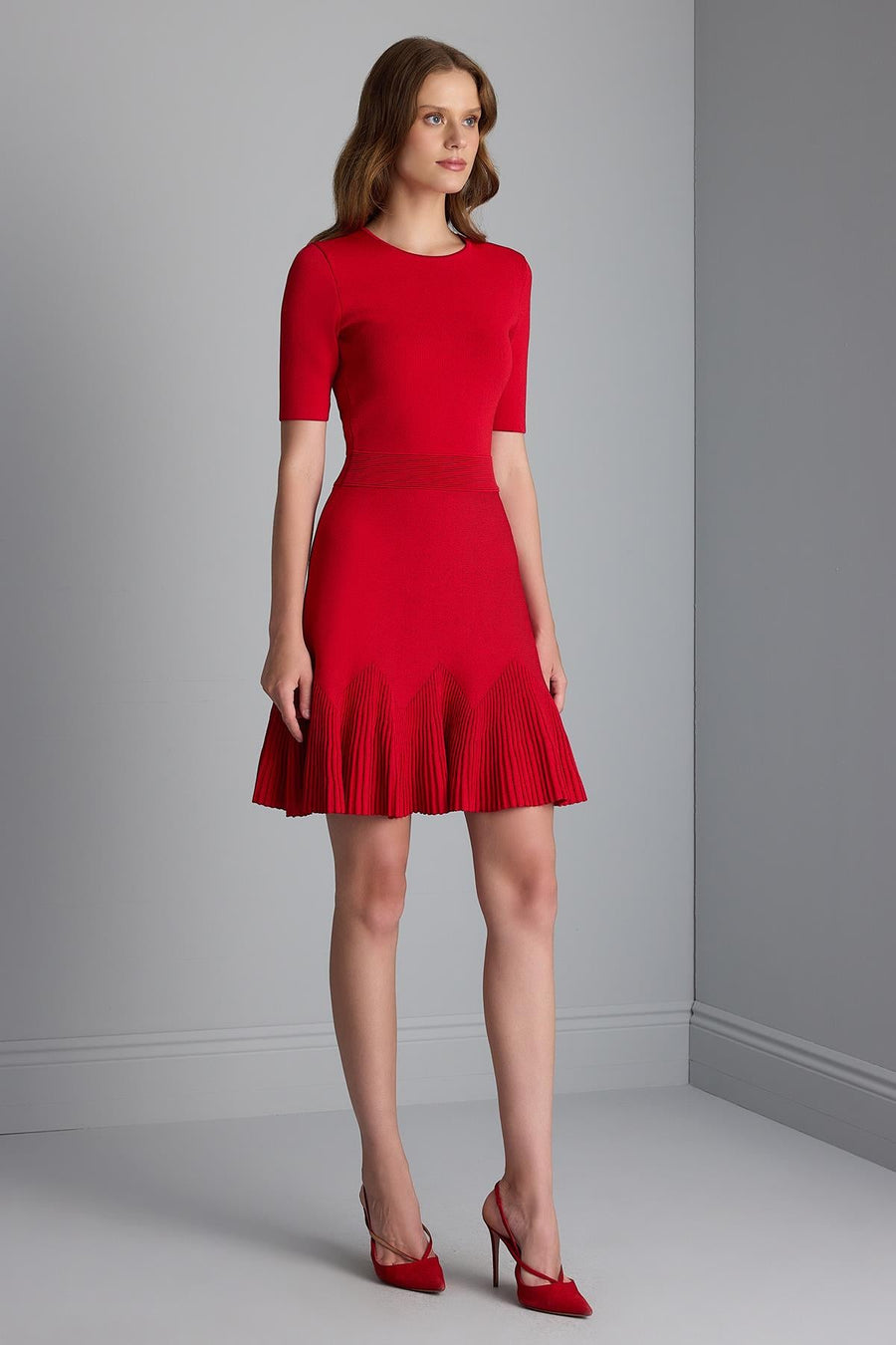 Flared Red Mini Knitwear Dress with Waist Belt Detail