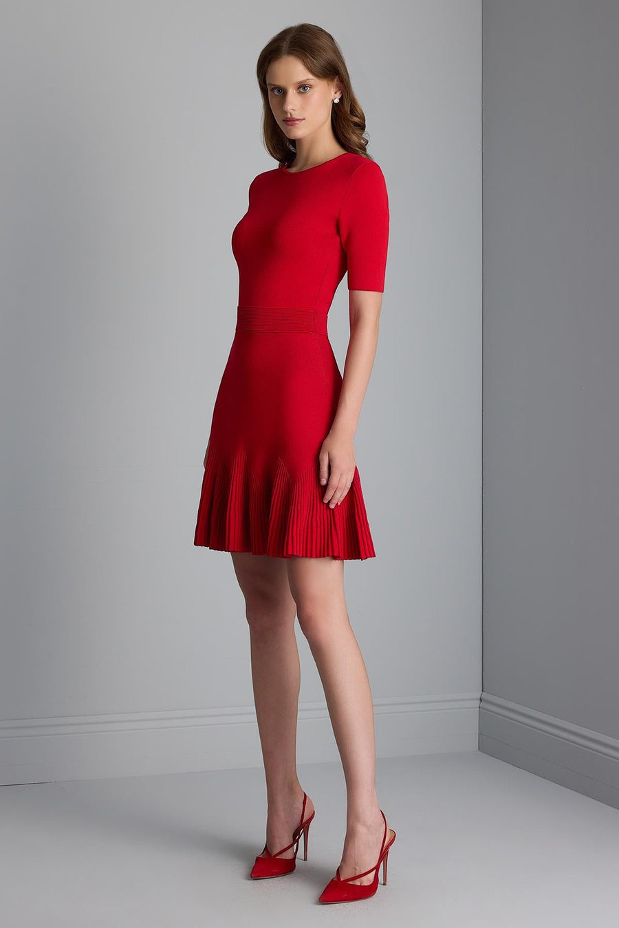 Flared Red Mini Knitwear Dress with Waist Belt Detail