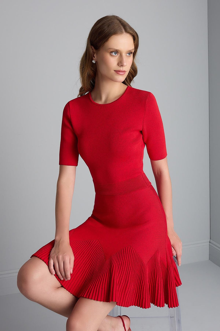 Flared Red Mini Knitwear Dress with Waist Belt Detail