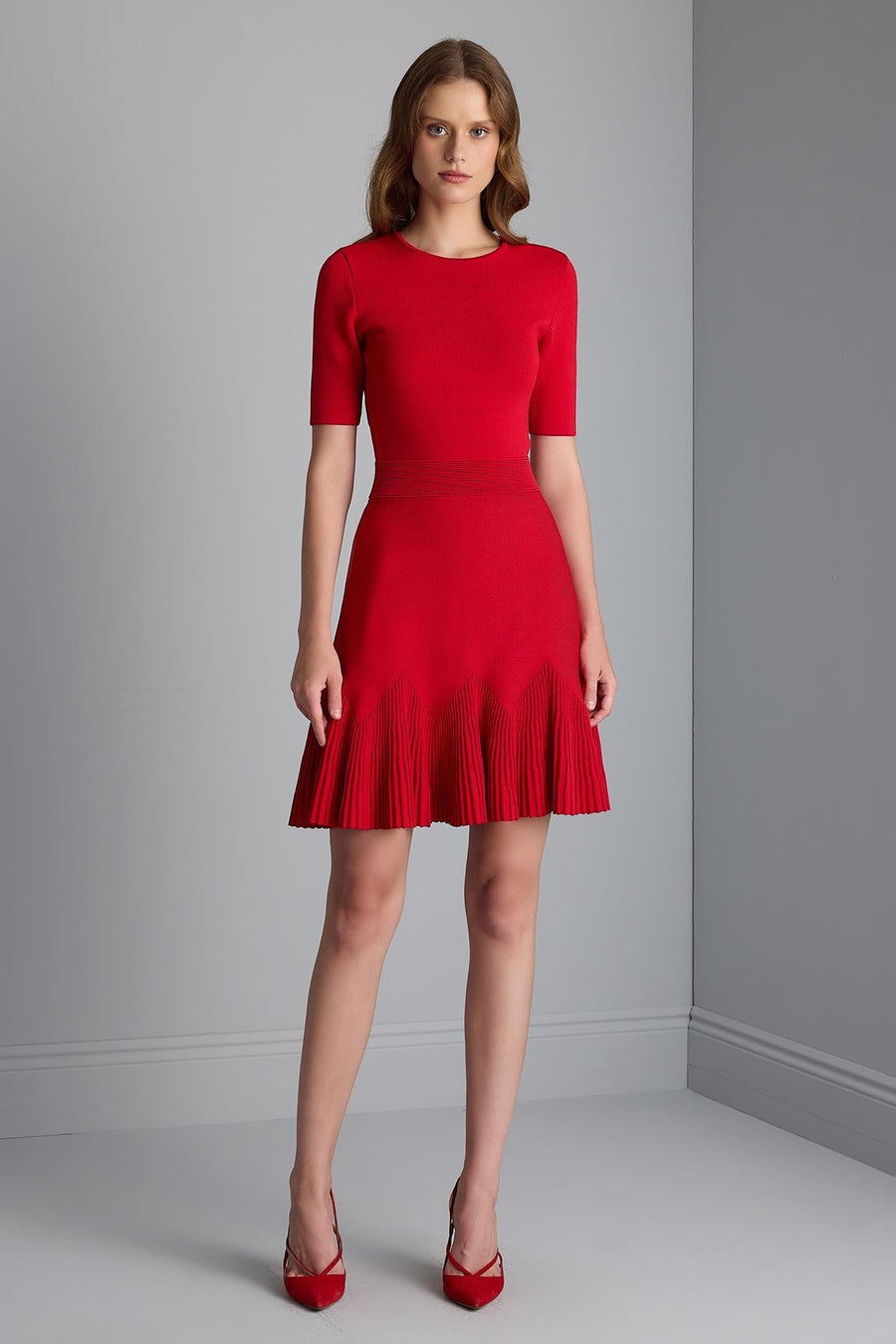 Flared Red Mini Knitwear Dress with Waist Belt Detail