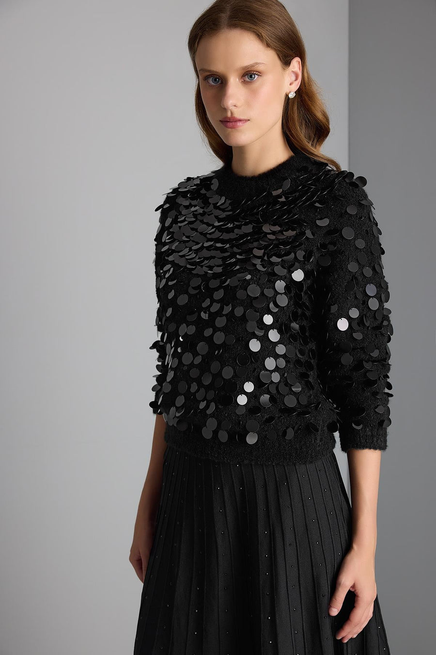 Handcrafted Sequined Black Knit Sweater