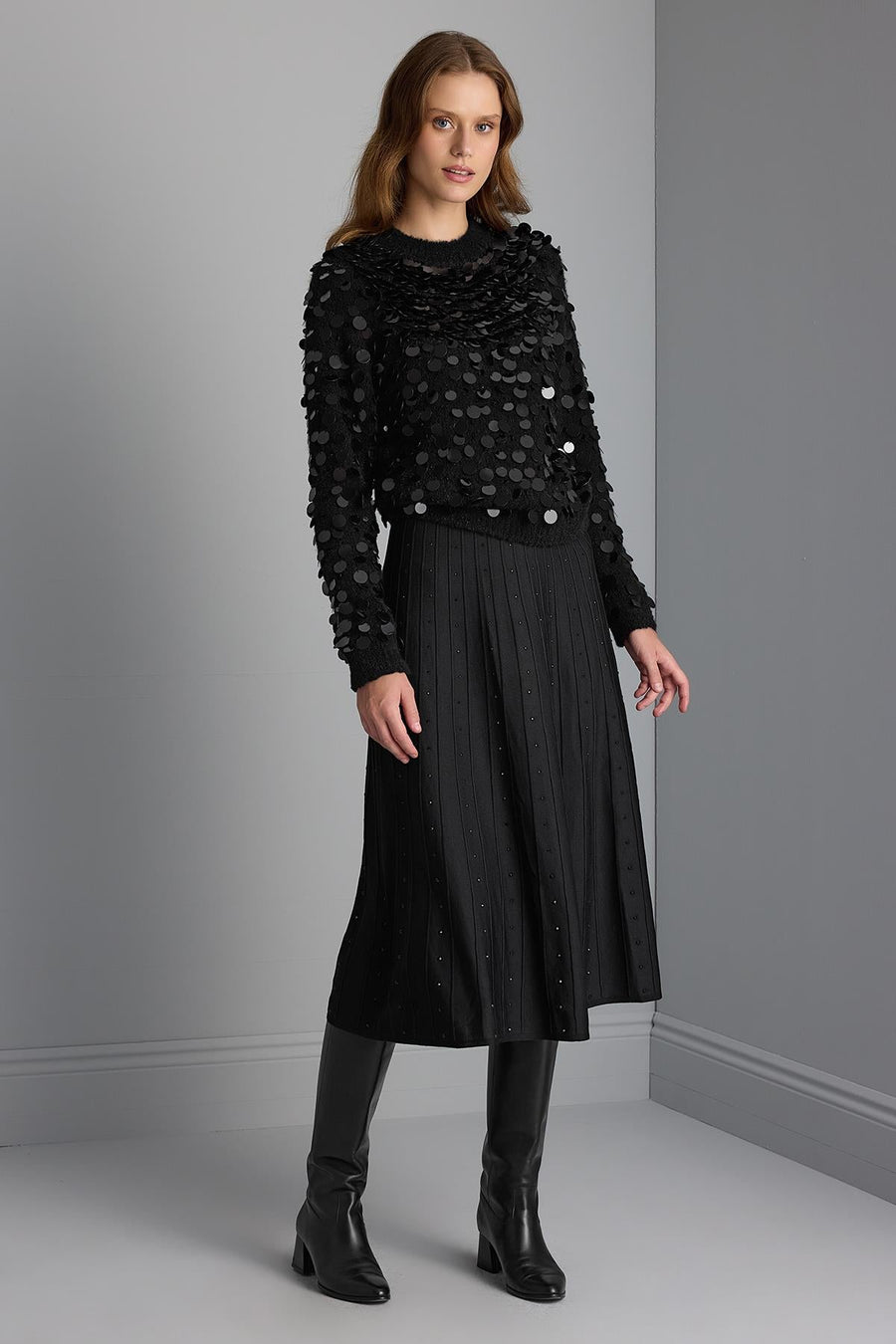 Handcrafted Sequined Black Knit Sweater