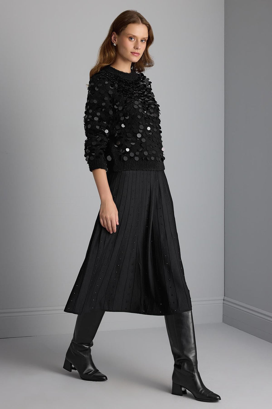 Handcrafted Sequined Black Knit Sweater