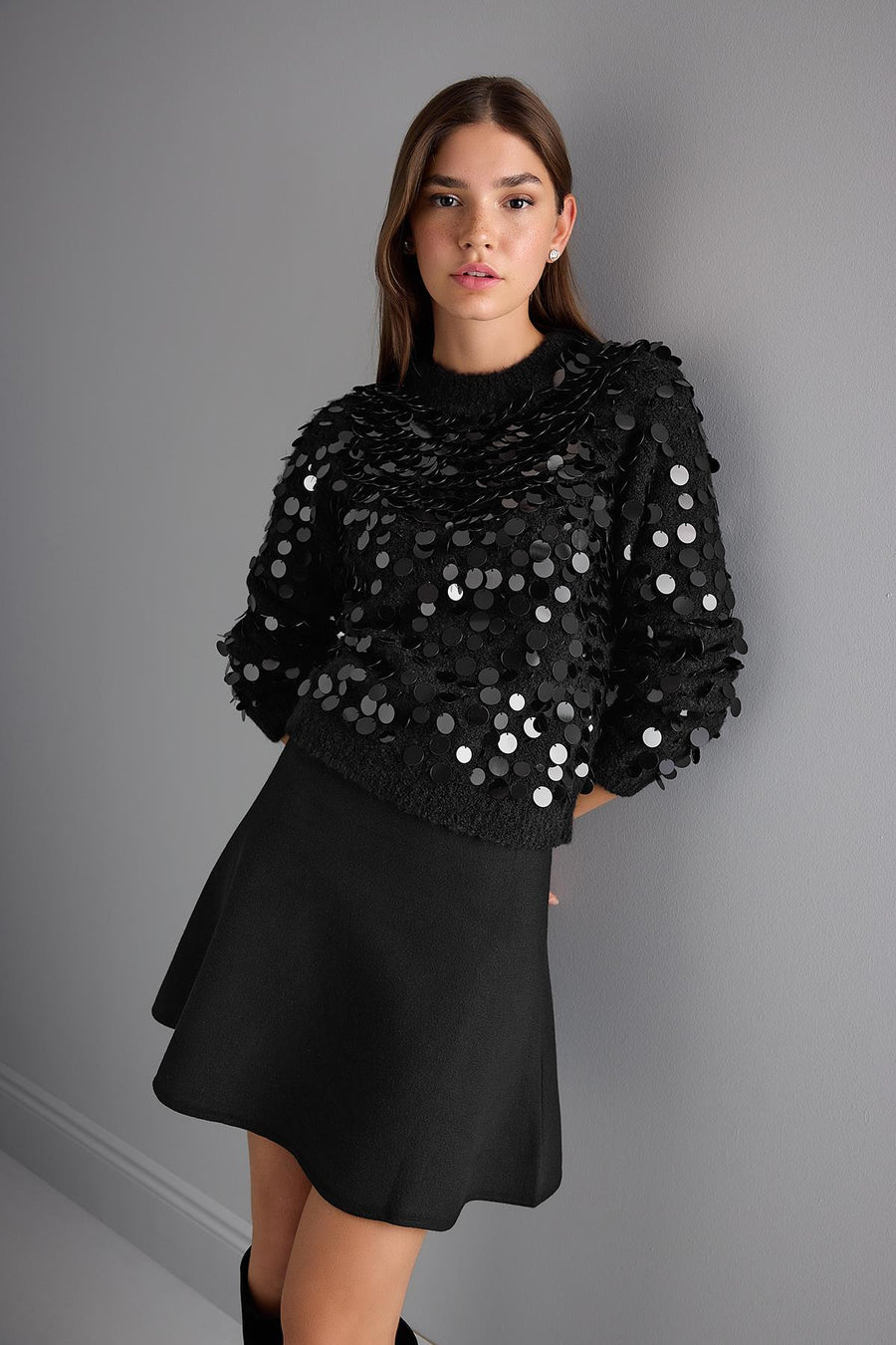 Handcrafted Sequined Black Knit Sweater