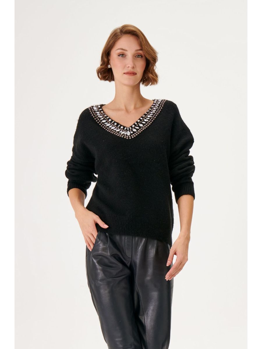 Handcrafted Stone Embroidered V - neck Black Knitwear